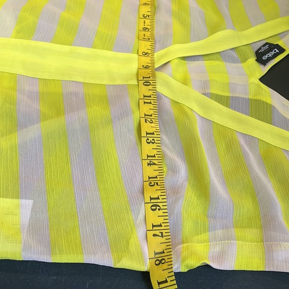 Bebe Neon Yellow & cream, V neck, tie waist band, Sheer, small - Picture 6 of 9